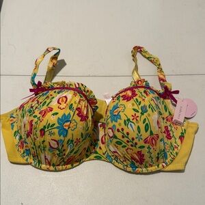 NWT Feminine Vibrant Yellow Floral Ruffle Garden Girl Padded Underwire Bra 42DD